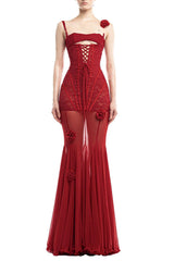 jamie 3D floral halter-neck fishbone mesh hollow maxi dress