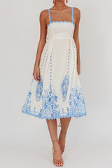 Blue Floral Print Back Tie-Up Midi Dress with Trim Band