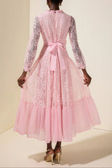virginia Lace 3D Flower Rhinestone Rivets Midi Dress - pink