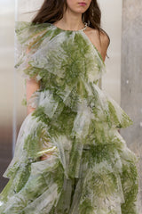claire green floral print pleated layer maxi dress