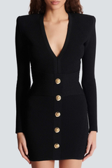 Aero Buttoned Ribbed Knit Mini Dress - Black
