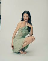 Alara Sage Green Chiffon One-Shoulder Floral Midi Dress