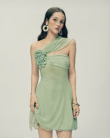Alara Sage Green Chiffon One-Shoulder Floral Midi Dress