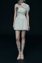 Alara White One-Shoulder Chiffon Mini Dress with Black Trim & Floral Appliques