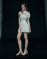Alara White One-Shoulder Chiffon Mini Dress with Black Trim & Floral Appliques