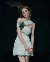 Alara White One-Shoulder Chiffon Mini Dress with Black Trim & Floral Appliques