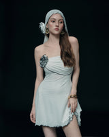 Alara White One-Shoulder Chiffon Mini Dress with Black Trim & Floral Appliques