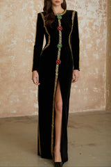 lydia Black Crystal Embellished Front Slit Maxi Dress