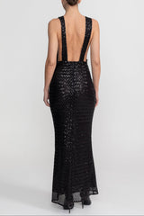 Sequin Maxi Dress With Satin Bow Detail - Black
