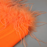 ORANGE FEATHER TUBE TOP & PURPLE SEQUINED TROUSERS TWO-PIECE SUIT