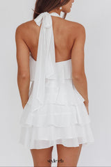 rebecca Halterneck Ruffle Mini Dress in White