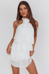 rebecca Halterneck Ruffle Mini Dress in White