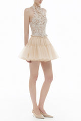 Lace sleeveless crop top & tulle mini skirt set - beige