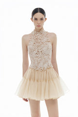 Lace sleeveless crop top & tulle mini skirt set - beige
