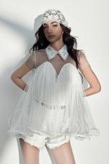 Blair Babydoll Sheer Pleated Tulle Dress with Lace Collar