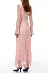 tracy Pink 3D-Floral Embroidered Lace Maxi Dress