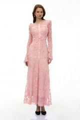 tracy Pink 3D-Floral Embroidered Lace Maxi Dress
