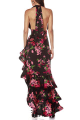 georgia floral print halter ruffle Maxi Dress in black