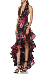 georgia floral print halter ruffle Maxi Dress in black