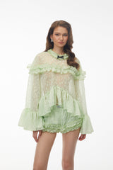 vanessa Mint Green Floral Lace Ruffled Top & Shorts Set