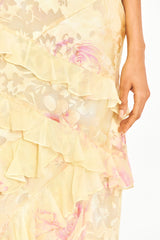 wendy ruffle trim Floral Chiffon Maxi Dress in yellow