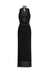 Guga Halter Sleeveless Lace Wrinkle Maxi Dress
