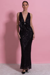 Sequin Maxi Dress With Satin Bow Detail - Black