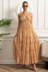 helen rhinestone beading pleated maxi dress -  beige