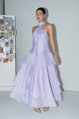 linda Purple Halter Neck Tiered Ruffle Maxi Dress