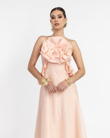 aurora Halter Neck Ruffle Maxi Dress in pink