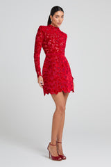 sherry Long-sleeved zippered lace mini dress in red