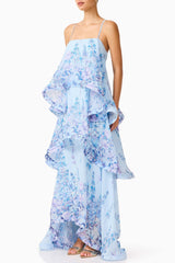sandy Tiered Maxi Dress In Baby Blue Floral