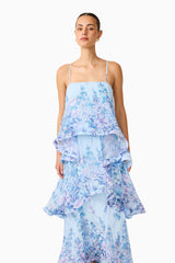 sandy Tiered Maxi Dress In Baby Blue Floral