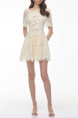 vivien square neck bow Lace Mini Dress - White