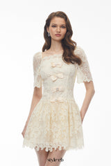 vivien square neck bow Lace Mini Dress - White