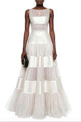 sabrina White Mesh Panel Maxi Dress with Satin Stripes