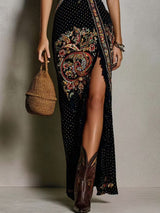 Black Polka Dot Paisley Print Ruffle Strap High Slit Maxi Dress
