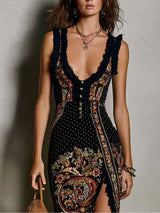 Black Polka Dot Paisley Print Ruffle Strap High Slit Maxi Dress