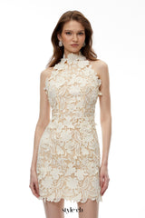 irene Neutral High Neck Lace embroidery Mini Dress