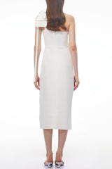 Estelle White Off Shoulder Satin Midi Dress with Bow