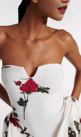 FLORAL-PRINTED PLEATED STRAPLESS MINI DRESS IN WHITE