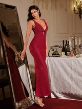 kelly Plunge Neck Pearl Maxi Dress in burgundy