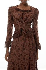 Fiorenza Brown Floral Lace Blouse & Skirt Set