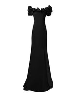 suzanne off-shoulder 3d flower bodycon maxi dress - black