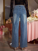 janice blue Rhinestone Floral Cutout Jeans