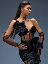 joanna One-Shoulder Bow-Floral Mesh Dress in black