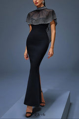 iris Beaded Neck Tulle Cape Maxi Dress in black