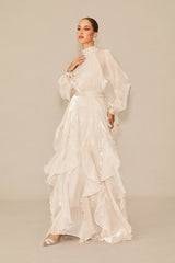 pandora Puff Sleeve Ruffle Trim Maxi Dress in apricot