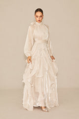 pandora Puff Sleeve Ruffle Trim Maxi Dress in apricot