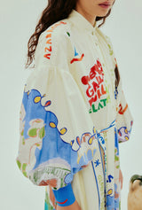 lynn Single-breasted long lantern sleeves with graffiti print  maxi dress